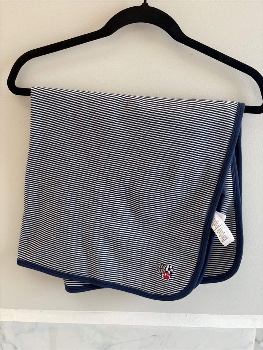 Striped Navy & White Baby Blanket with Ball Patch